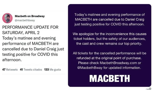 2.4.2022 | Tuit confirmando que Daniel Craig contrajo COVID-19. Foto: Macbeth/Twitter