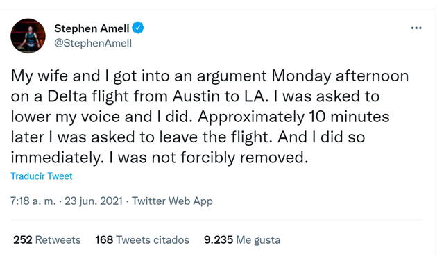 23.6.2021 | Tweet de Stephen Amell sobre incidente en vuelo de Delta. Foto: Stephen Amell / Twitter