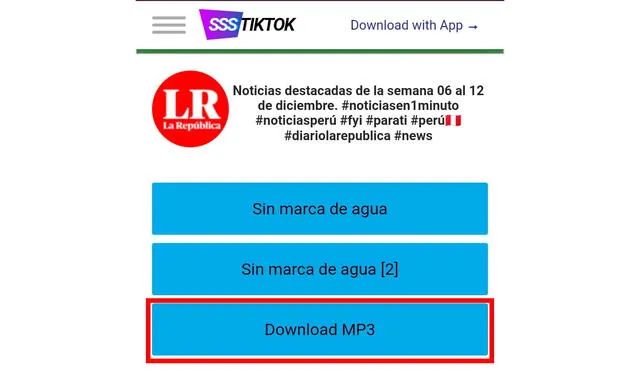 La opción Download MP3 te permitirá bajar el video de TikTok en sonido. Foto: captura sssTikTok