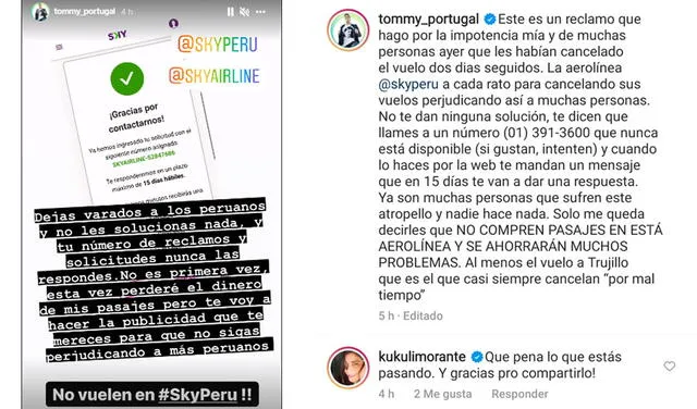 1.10.2021 | Post e historia de Tommy Portugal contra aerolínea. Foto: captura Tommy Portugal / Instagram