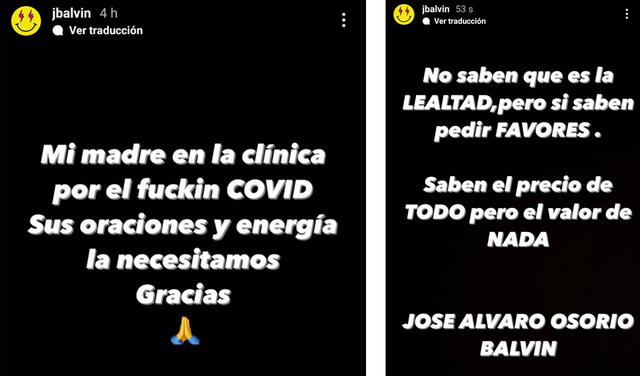 12.2.2022 | Historias de J Balvin sobre la situación de salud de su madre. Foto: captura J Balvin/Instagram