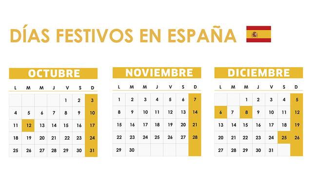 Días festivos en España a nivel nacional para octubre, noviembre y diciembre.