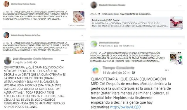 Post “Quimioterapia ¡Qué gran equivocación médica!” circula en el 2020. Foto:  captura en Facebook.