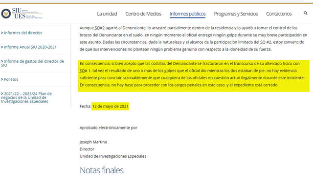 Informe. Foto: captura en web / Unidad de Investigaciones Especiales (SIU).