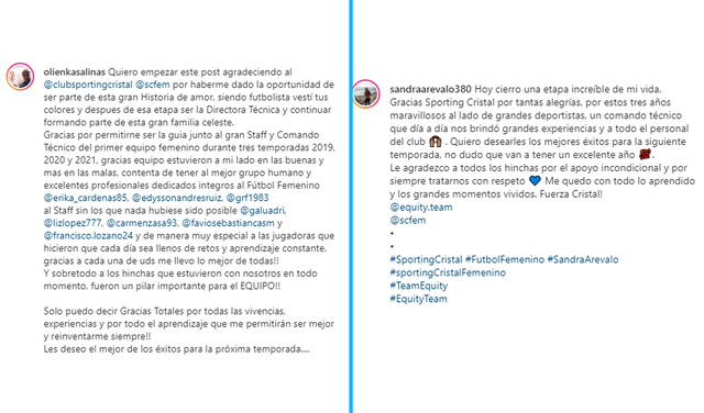 Así fueron las cartas de despedida de Olienka Salinas y Sandra Arévalo. Foto: composición/ Olienka Salinas y Sandra Arévalo instagram
