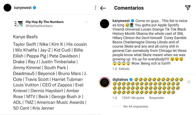 19.2.2022 | Publicación de Kanye West sobre su lista de enemigos. Foto: captura Kanye West/Instagram