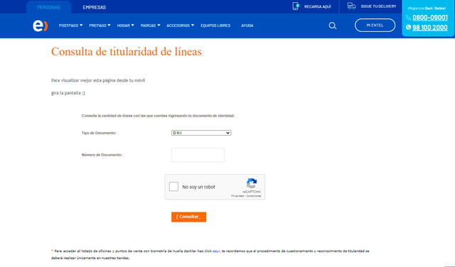 Plataforma de consulta de titularidad de líneas de Entel. Foto: captura