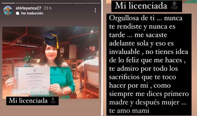 27.11.2021 | Publicación de Shirley Arica celebrando que su mamá obtuvo su título de licenciada. Foto: captura Shirley Arica/Instagram