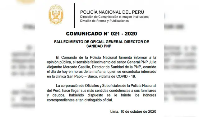 Comunicado de la PNP.