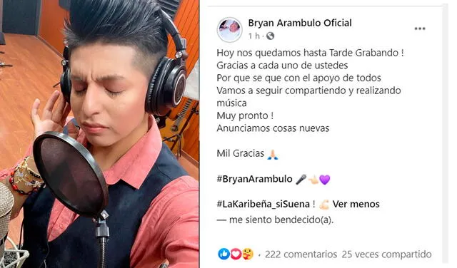 4.2.2021 | Post de Bryan Arambulo anunciando que se encuentra grabando nuevos temas.  Foto: captura Bryan Arambulo / Facebook