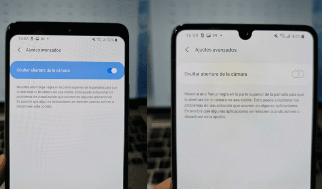 Cómo luce la pantalla del teléfono con la opción activada y sin ella. Foto: Xataka Android
