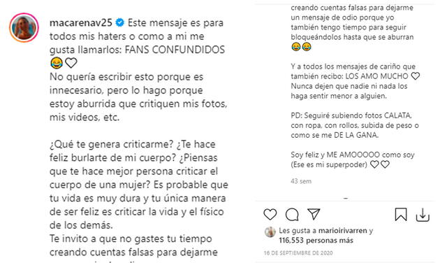 16.9.2020 |Macarena Vélez envía reflexivo mensaje a sus críticos. Foto: Macarena Vélez / Instagram