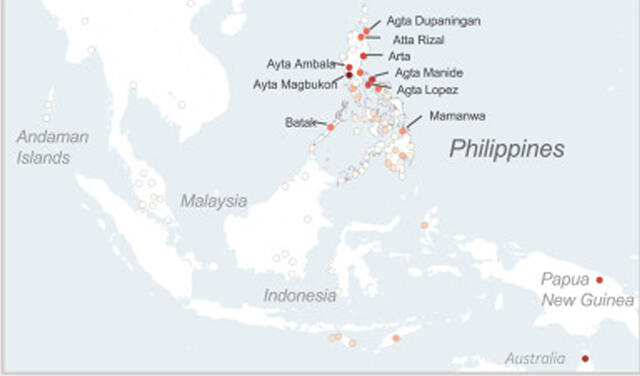 Poblaciones del grupo étnico Negrito en Filipinas. Imagen: Larena et al