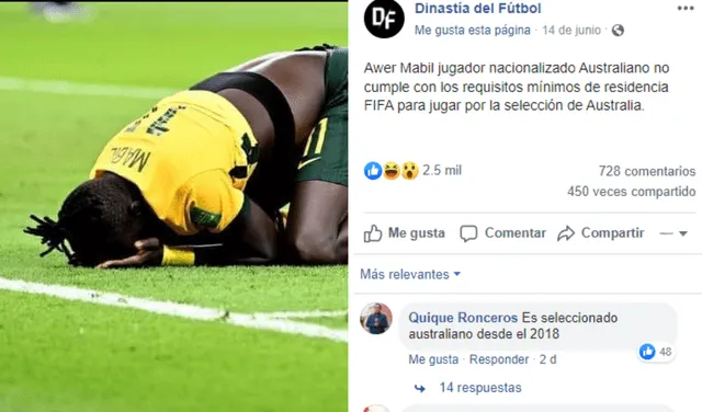 En dos días, la publicación falsa sobre Awer Mabil superó 1,6 millones de visualizaciones. Foto: captura de Facebook.