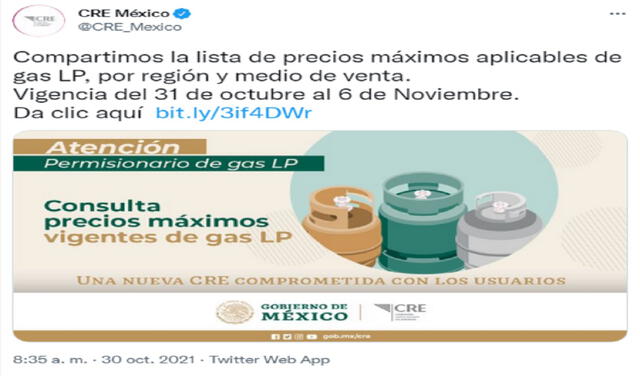 El órgano regulador en México ya compartió la lista de precios máximos aplicables de gas LP. Foto: @CRE_Mexico/Twitter