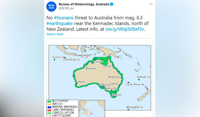 Terremoto de magnitud 6,3 sacude las islas Kermadec de Nueva Zelanda