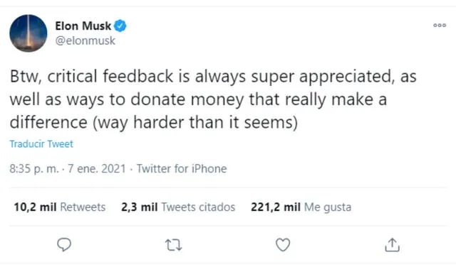 Tuit de Elon Musk. Foto: aptura de Twitter.