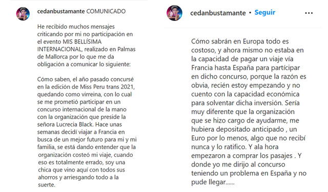 Primera parte del comunicado de Cristell Cedan sobre su participación en el Miss Bellísima International Trans. Foto: captura Cristell Cedan/Instagram