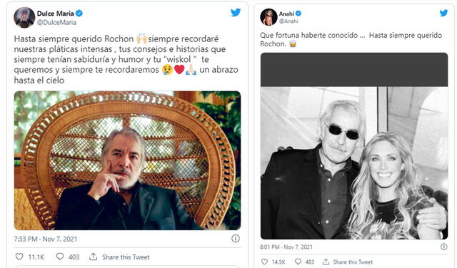 7.11.2021 | Tuits de Anahí y Dulce María sobre la muerte de Enrique Rocha. Foto: captura Anahí / Dulce María / Twitter