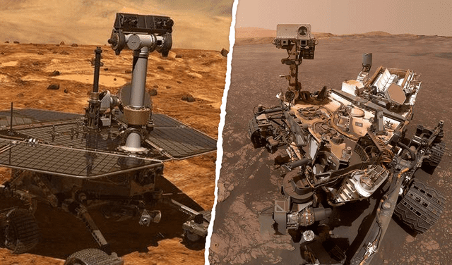A la izquierda, el rover Opportunity; a la derecha, el famoso selfie del robot Curiosity | Foto: Composición LR / NASA