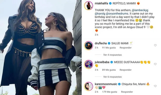 15.4.2022 | Publicación de Mía Khalifa tras el estreno de "MAMIII" de Karol G y Becky G. Foto: captura Instagram