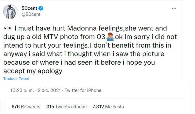 2.12.2021 |Tuit de 50 Cent pidiendo disculpas a Madonna. Foto: captura 50 Cent/Twitter
