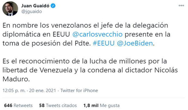 Juan Guaidó se pronuncia sobre Joe Biden