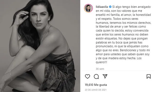 23.6.2021 | Publicación de Lidia Ávila sobre relación de M’Balia Marichal y Alex Tinajero. Foto: captura  Lidia Ávila/Instagram