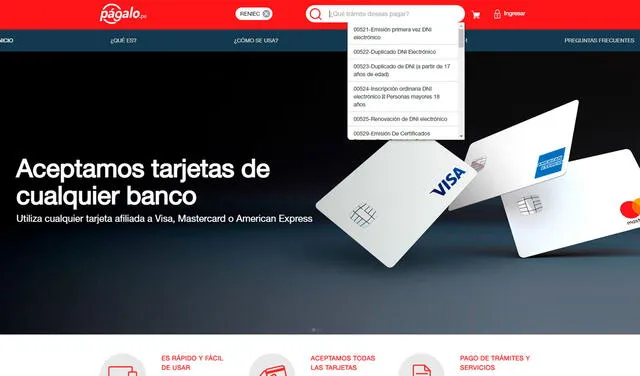 A través de Págalo.pe podrás pagar el trámite de duplicado del DNI electrónico de manera online. Foto: captura