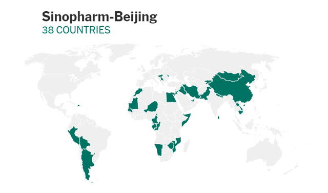 Países en el mundo que emplean la vacuna de Sinopharm-Beijing. Foto: The New York Times