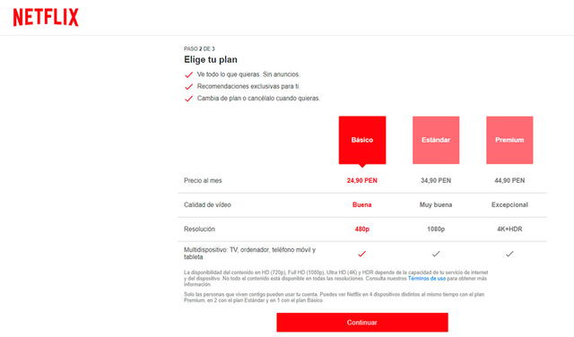 Planes mensuales ofrecidos por Netflix. Foto: captura de netflix.com