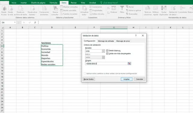 Pasos para crear una lista desplegable en Excel. Foto: captura