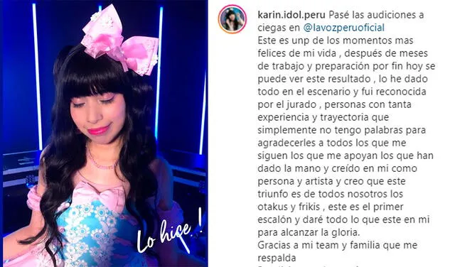 17.6.2021 | Post de Katherine Zegarra tras participar en La voz Perú. Foto: Katherine Zegarra  / Instagram