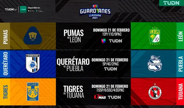 Partidos de la Liga MX EN VIVO por TUDN USA este domingo 21 de febrero. Foto: TUDNUSA/Twitter