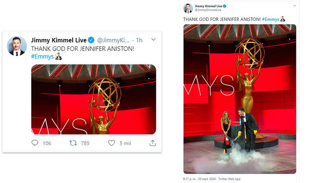 Emmy 2020. Tweet de Jimmy Kimmel agradeciendo la ayuda de  Jennifer Aniston. Crédito: captura Twitter