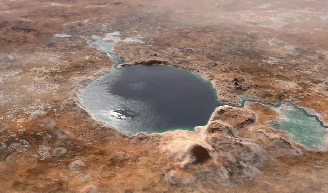 Representación de cómo pudo haber sido el lago Jezero alimentado por un río. Imagen: NASA