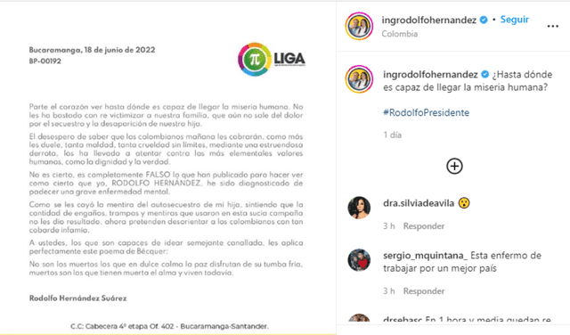 Este 18 de junio, horas antes de la segunda vuelta, Hernández rechazó la información falsa que circuló sobre él. Foto: Instagram
