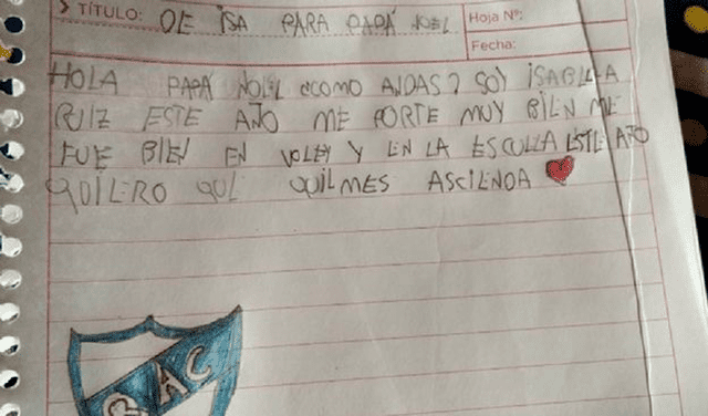 La carta de la niña emocionó a los hinchas del club deportivo Quilmes, quienes no tardaron en escribirle tiernos mensajes. Foto: captura de Facebook