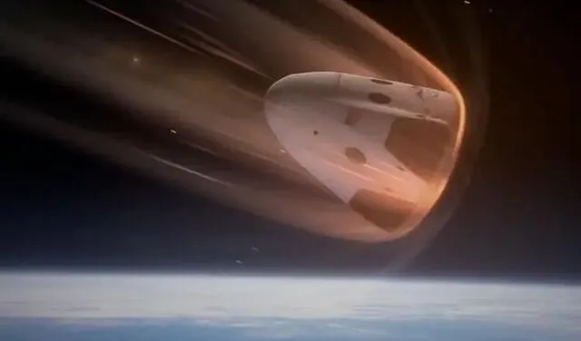 Representación de una cápsula Dragon reingresando a la atmósfera terrestre. Imagen: SpaceX