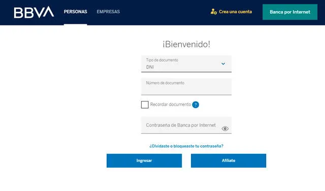 Plataforma de Banca por Internet del BBVA. Foto: captura de bbva.pe