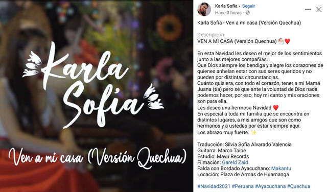 24.12.2021 | Publicación de Karla Sofía sobre su versión en quechua de "Ven a mi casa esta Navidad". Foto: captura Karla Sofía/Facebook