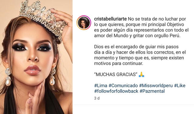 29.9.2022 | Mensaje de Cristabel Uriarte Gutiérrez en la publicación donde anuncia su renuncia a ser Miss World Perú Lima Norte 2022. Foto: captura Instagram