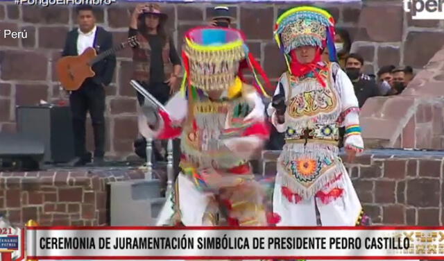 Danzantes de tijeras presentes en la juramentación simbólica de Pedro Castillo. Foto: captura TV Perú