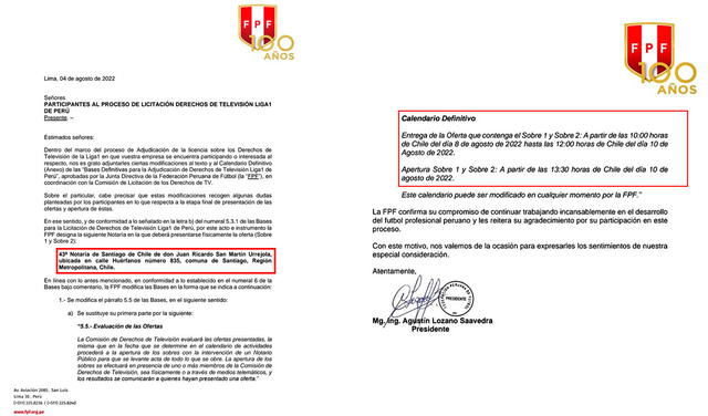 Carta de la FPF a empresas sobre proceso de licitación de la Liga 1. Foto: captura de FPF