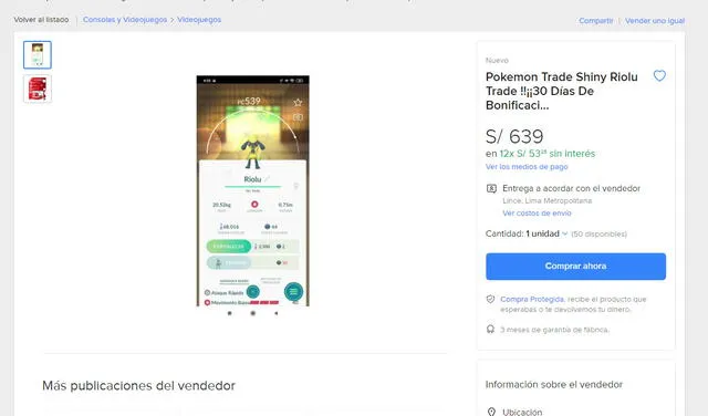 Riolu shiny de Pokémon GO está siendo vendido a S/ 639. Foto: captura de Mercado Libre