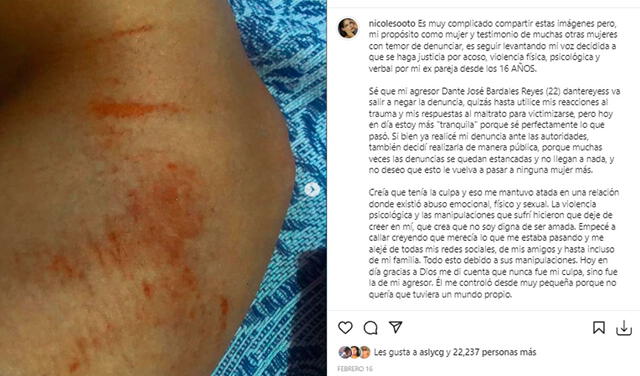 16.2.2022 | Publicación de Nicole Soto denunciando a Dante José Bardales Reyes. Foto: captura Instagram