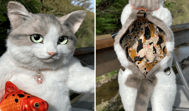 Imagen de un gato colgado como mochila confunde a usuarios con uno real