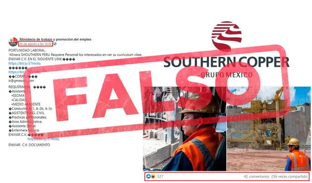 Es falso que el Ministerio de Trabajo haya publicado oferta laboral de minera Southern. Foto: captura de Facebook