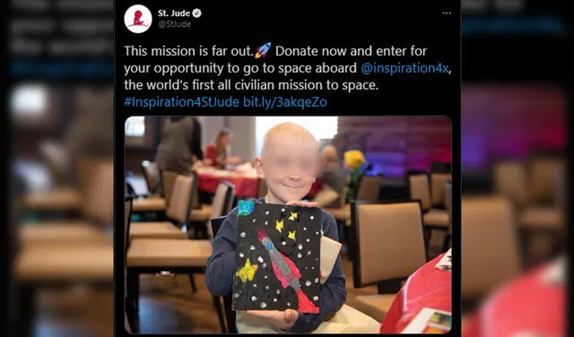 La cuenta oficial de St. Jude en Twitter invita a hacer donaciones para obtener una silla en el vuelo privado de SpaceX | Fotocaptura: Twitter