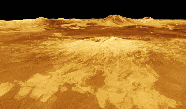 Representación artística del volcán Sapas Mons en la superficie de Venus. Los tonos simulados se basan en imágenes a color registradas por las sondas soviéticas Venera 13 y 14. Foto: NASA / JPL